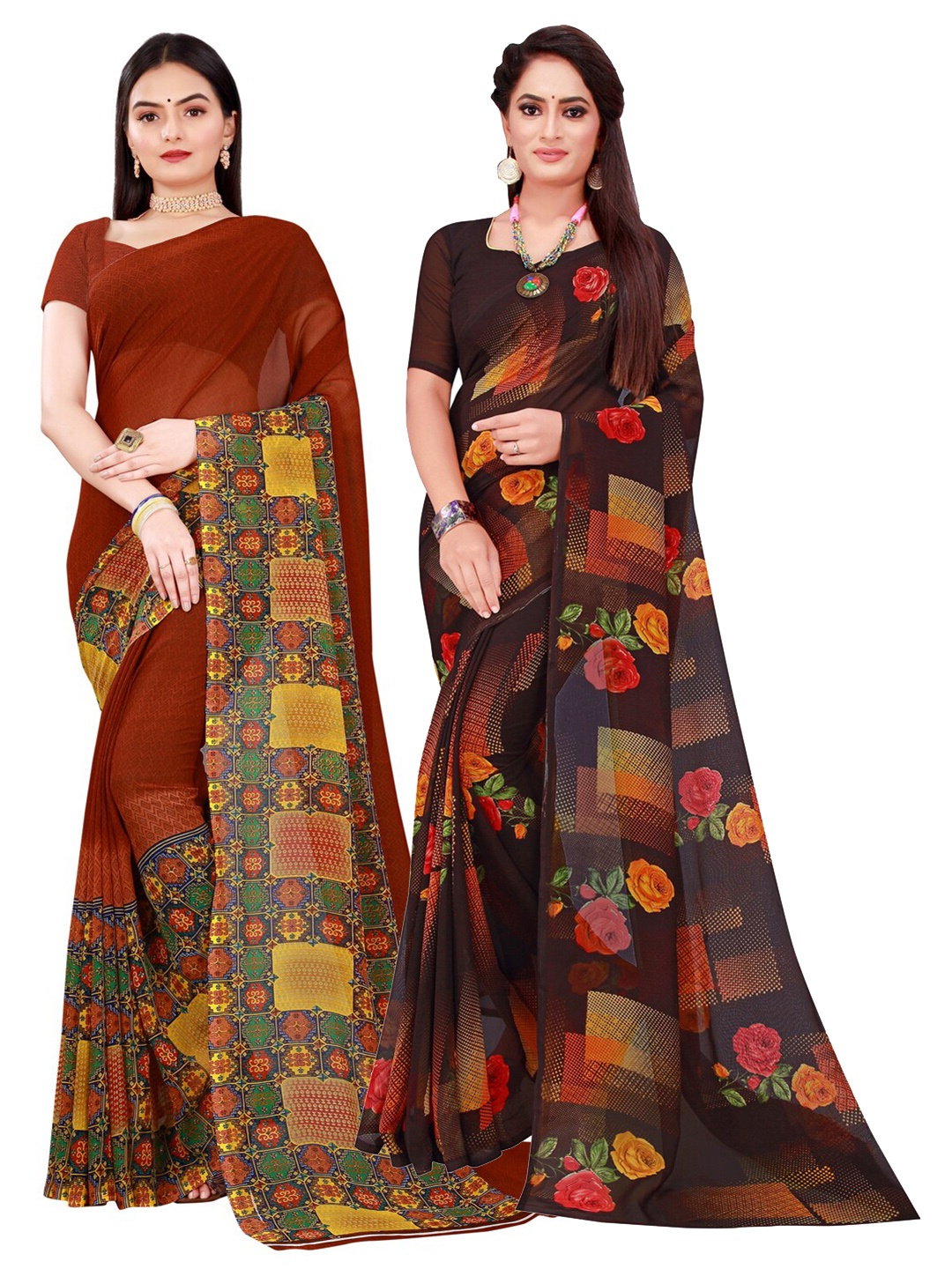 

KALINI Black & Maroon Set Of 2 Pure Georgette Saree