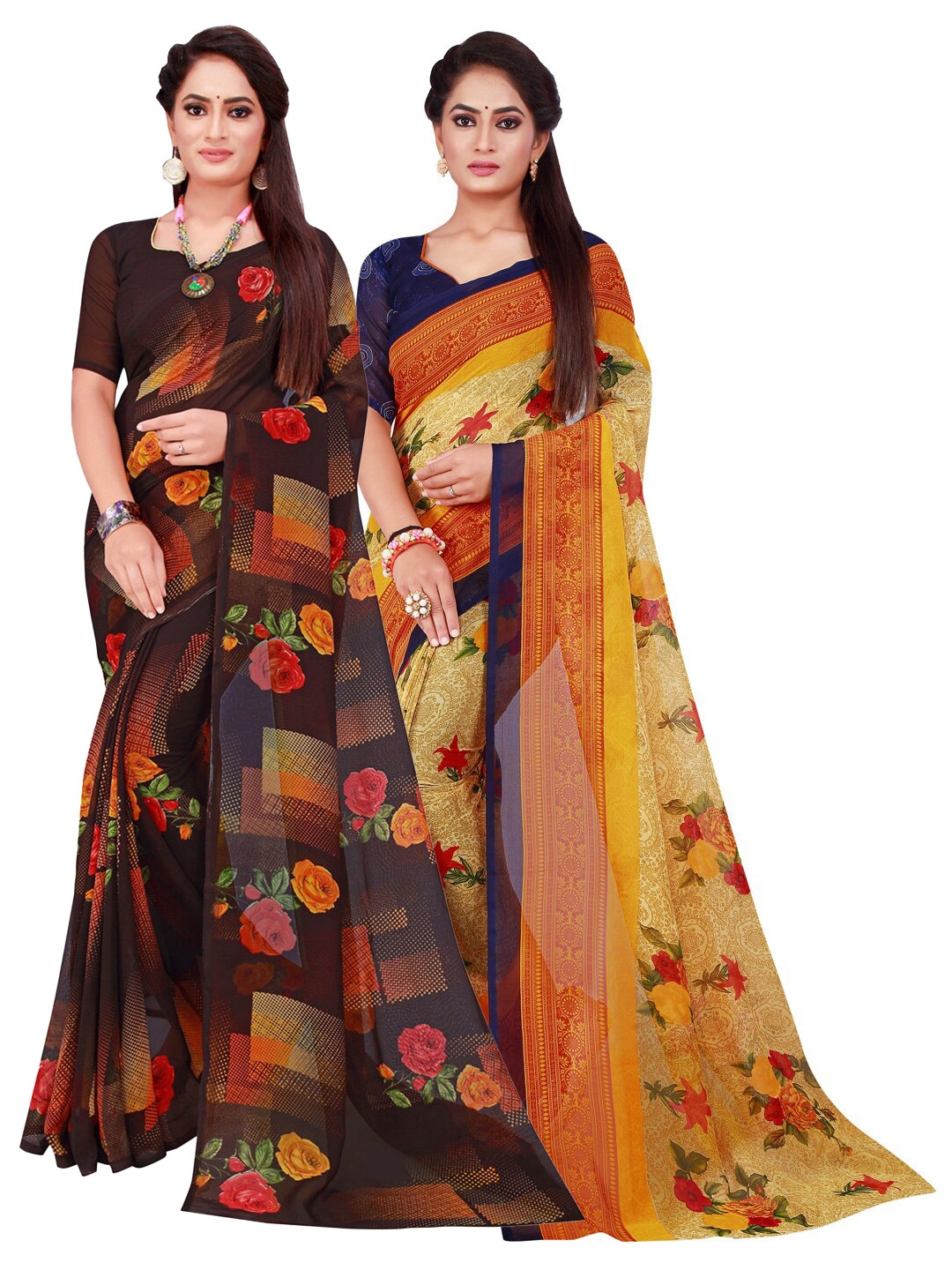 

KALINI Black & Beige Pack of 2 Floral Pure Georgette Saree