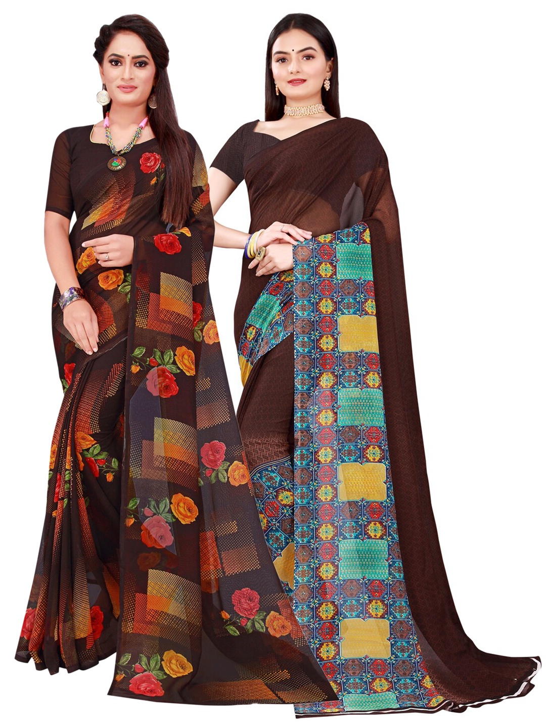 

KALINI Pack Of 2 Pure Georgette Sarees, Brown