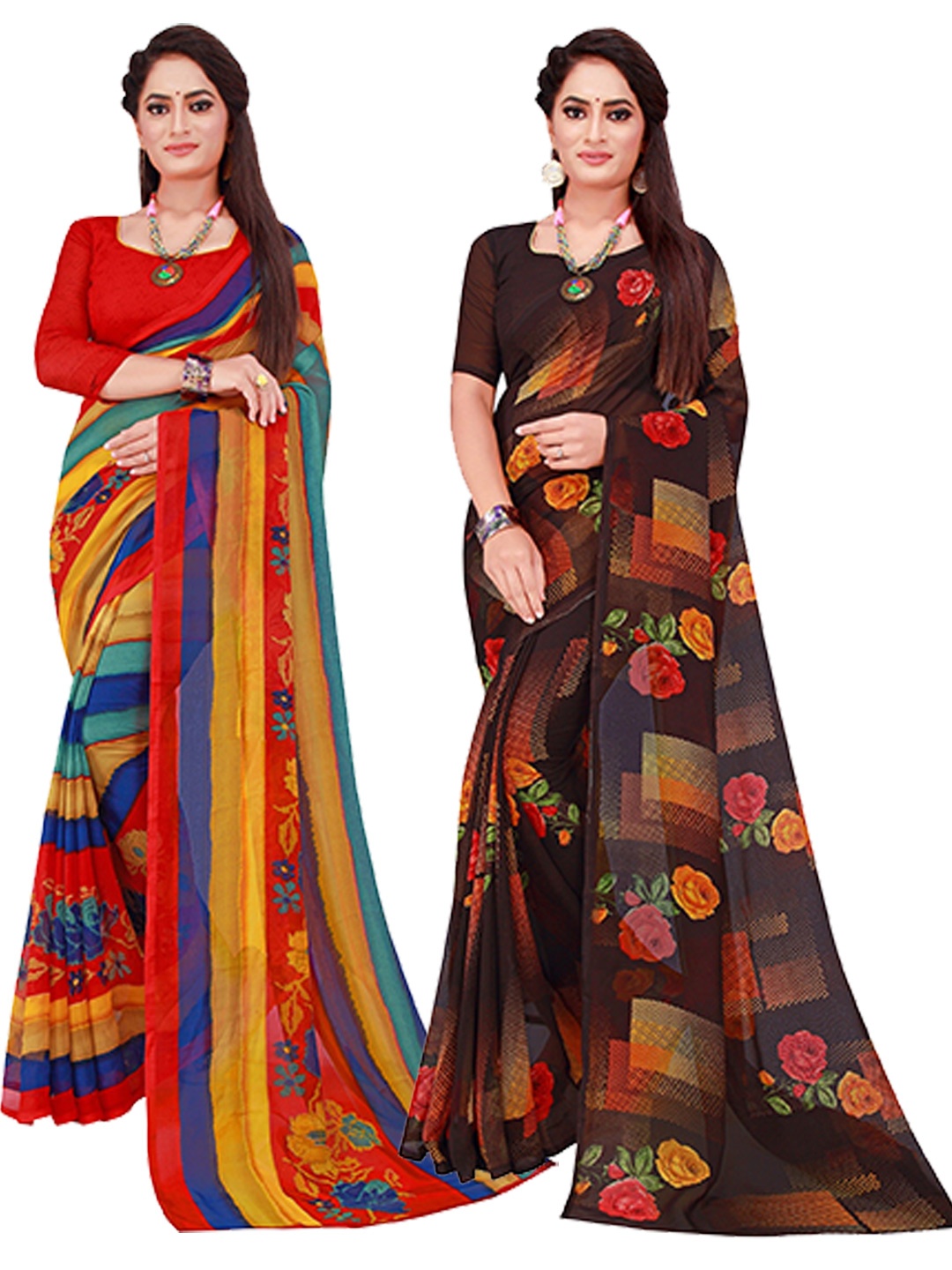 

KALINI Red & Brown Set Of 2 Pure Georgette Saree