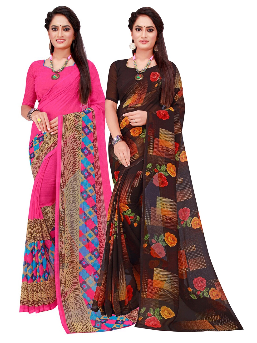 

KALINI Magenta & Black Set Of 2 Floral Pure Georgette Saree