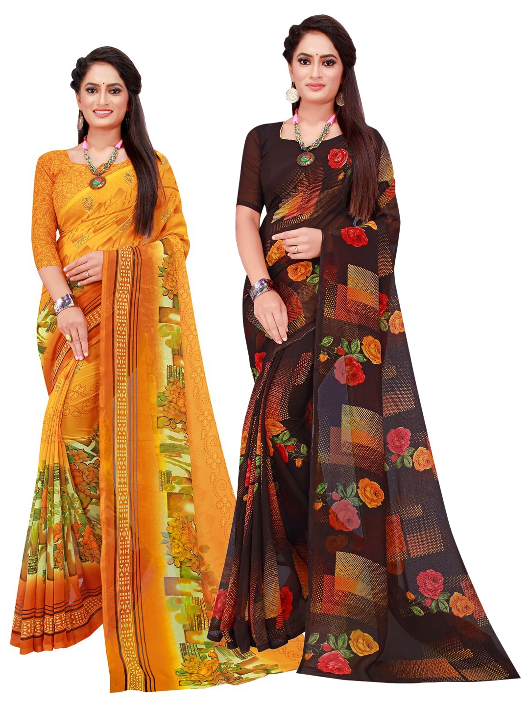 

KALINI Black & Yellow Set Of 2 Floral Pure Georgette Saree