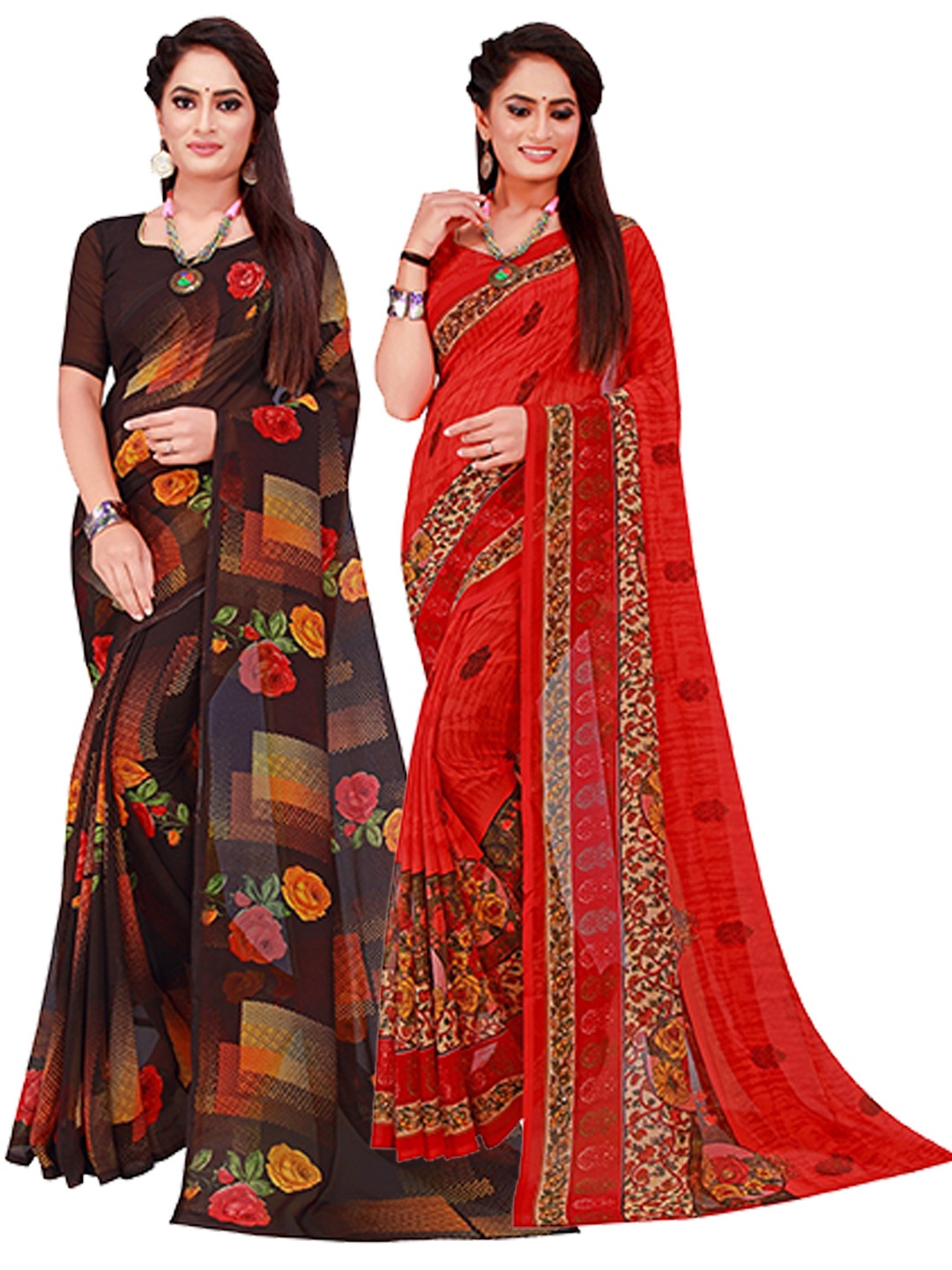 

KALINI Pack Of 2 Pure Georgette Sarees, Black