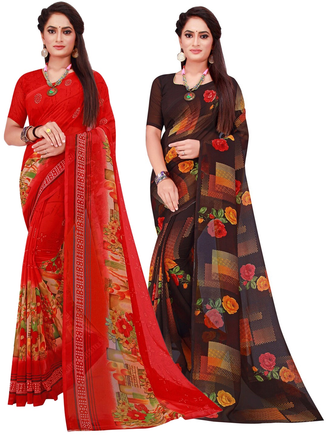 KALINI Orange & Black Set Of 2 Floral Pure Georgette Saree