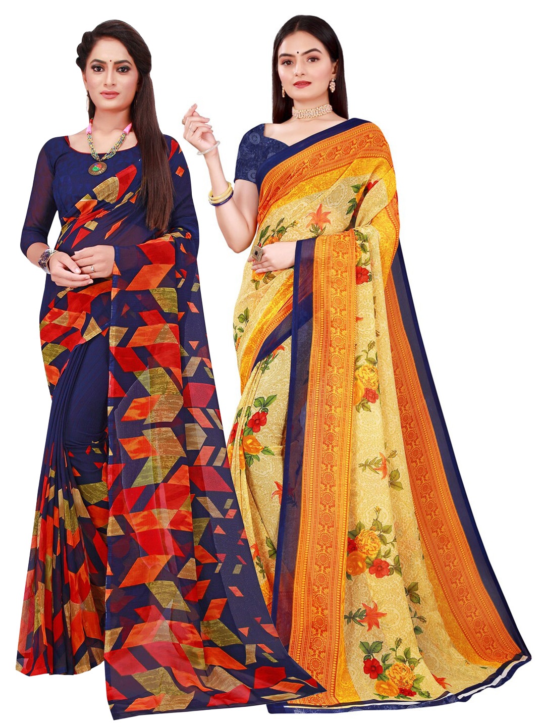

Florence Set Of 2 Navy Blue & Beige Floral Pure Georgette Saree