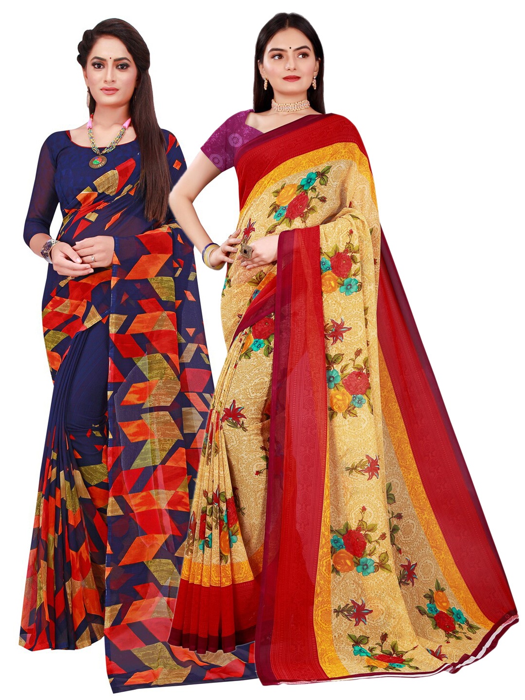 

Florence Navy Blue & Red Set Of 2 Pure Georgette Saree