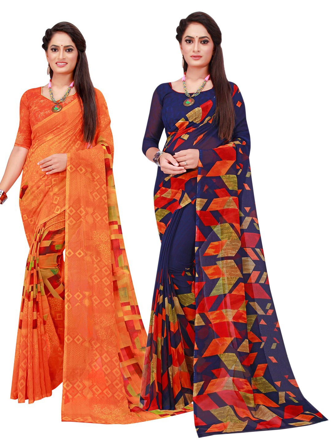

Florence Navy Blue & Orange Pack of 2 Floral Pure Georgette Saree
