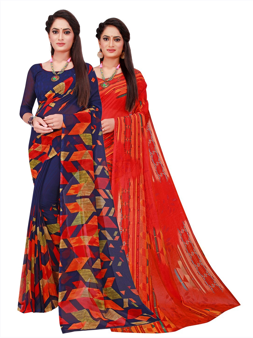 

Florence Navy Blue & Red Pack of 2 Floral Pure Georgette Saree