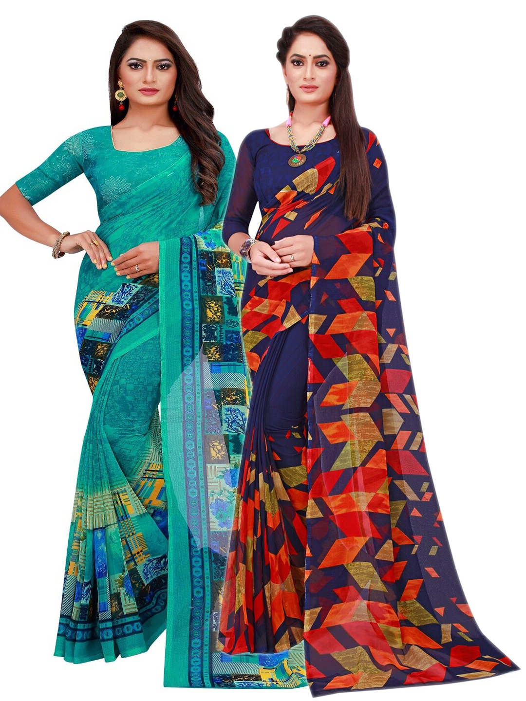 Florence Navy Blue & Red Set Of 2 Floral Pure Georgette Saree