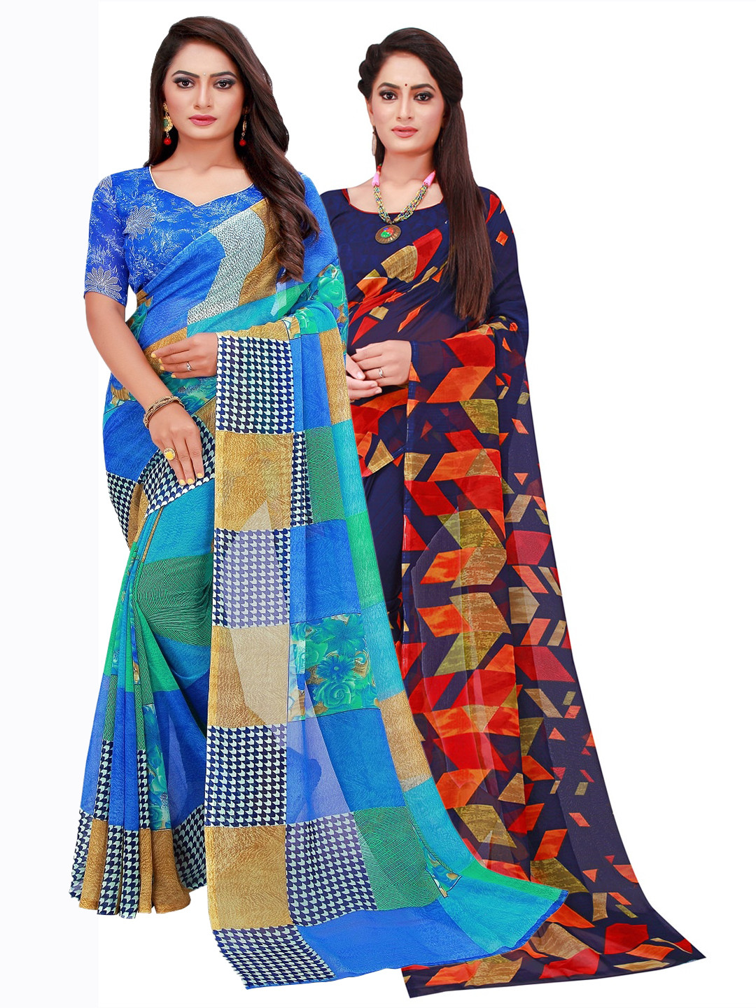 

Florence Navy Blue & Green Pack of 2 Floral Pure Georgette Saree
