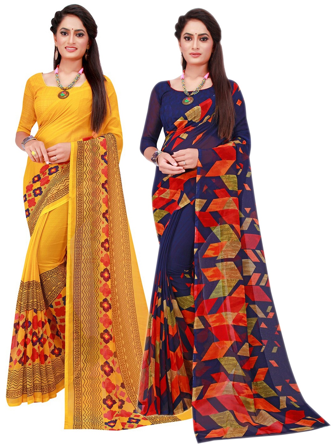 Florence Navy Blue & Yellow Printed Pure Georgette Saree Pack Of 2