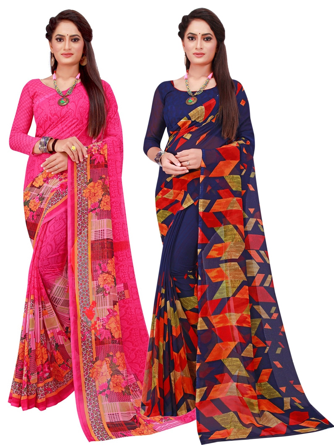 

Florence Navy Blue & Pink Set Of 2 Floral Pure Georgette Saree
