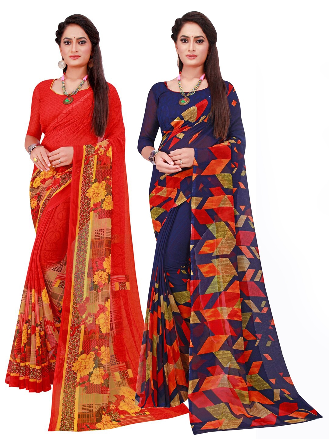 

Florence Navy Blue & Red Set Of 2 Pure Georgette Saree