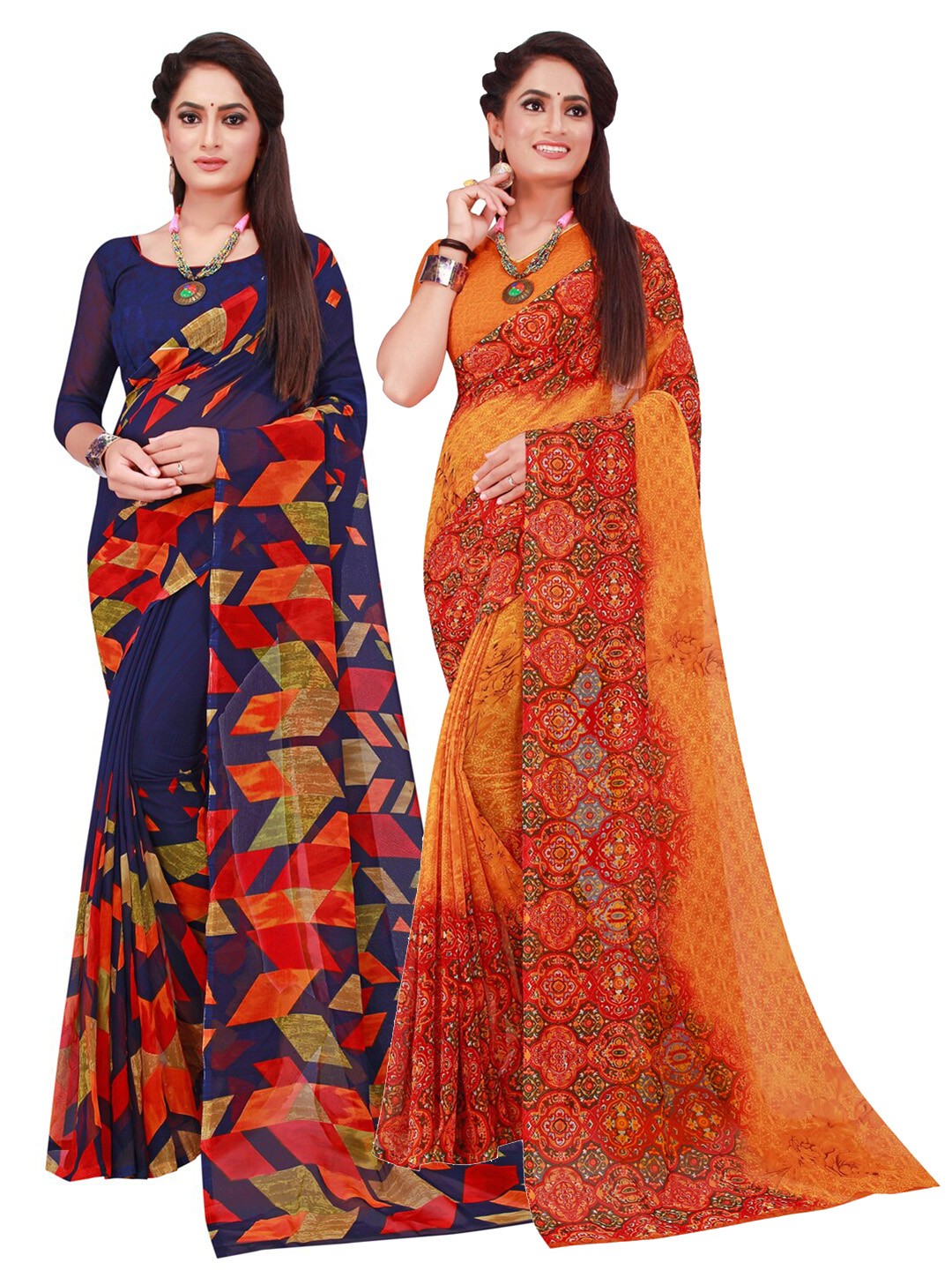 

Florence Navy Blue & Orange Pack of 2 Floral Pure Georgette Saree