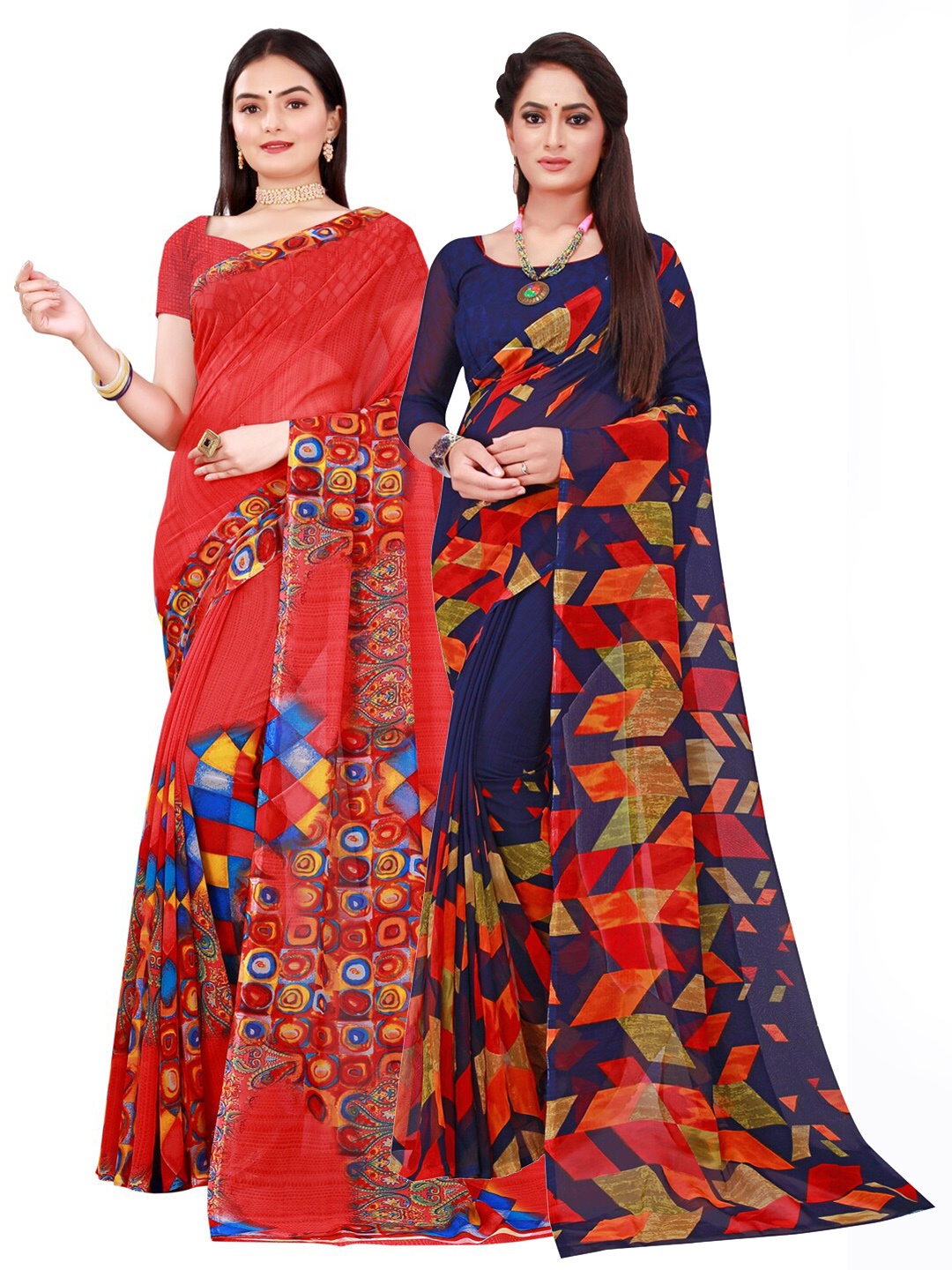 Florence Navy Blue & Red Set Of 2 Pure Georgette Saree