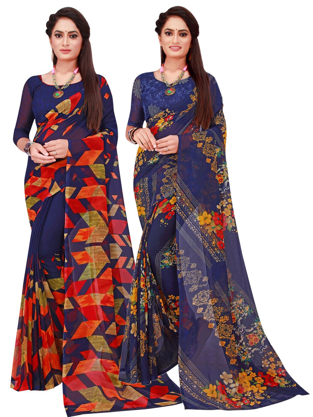 

Florence Navy Blue & Orange Set Of 2 Floral Pure Georgette Saree