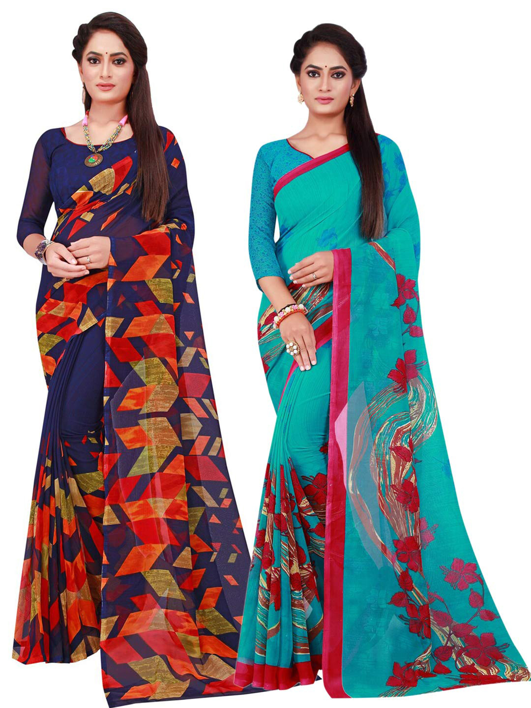 

Florence Navy Blue & Red Pack of 2 Floral Pure Georgette Saree