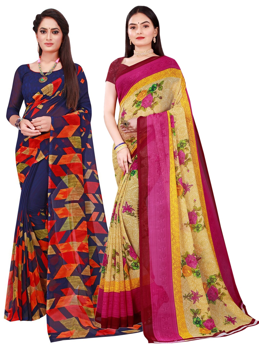 

Florence Navy Blue & Yellow Set Of 2 Pure Georgette Saree