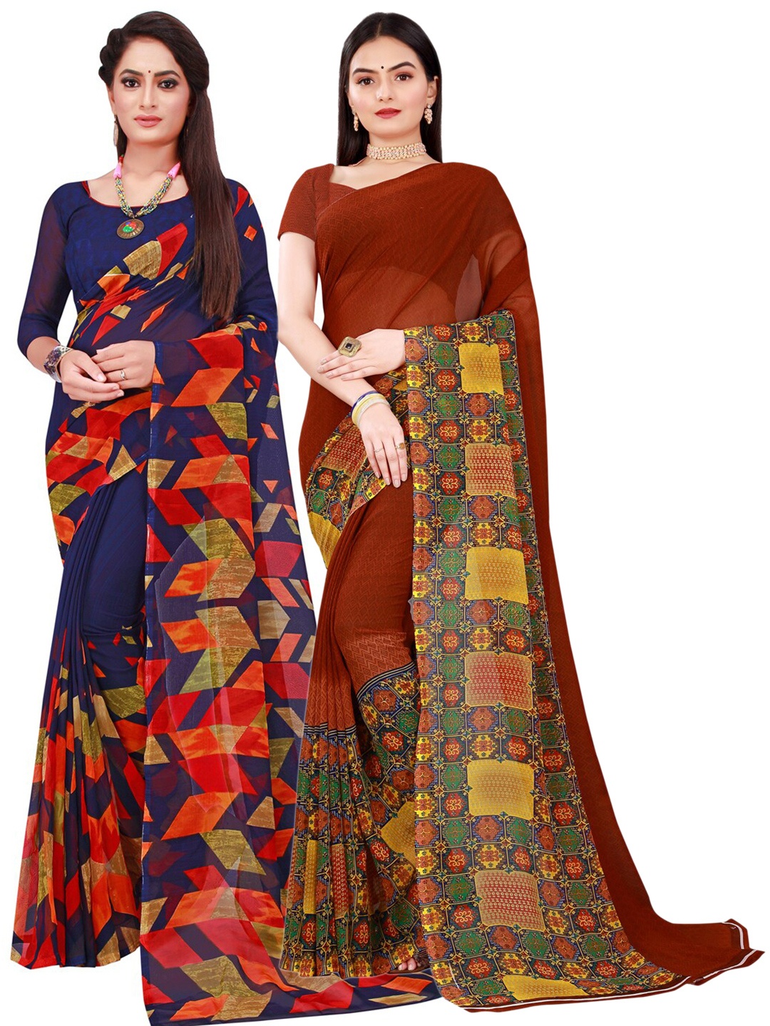 

Florence Navy Blue & Red Pack of 2 Floral Pure Georgette Saree