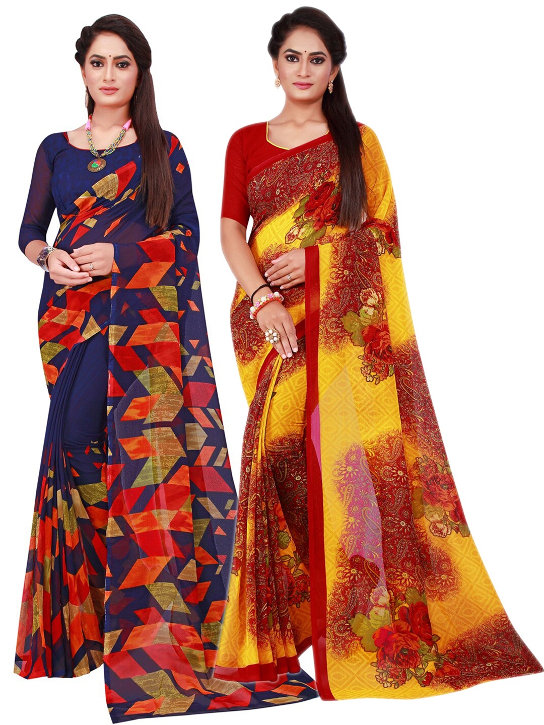 

Florence Navy Blue & Red Set Of 2 Pure Georgette Saree