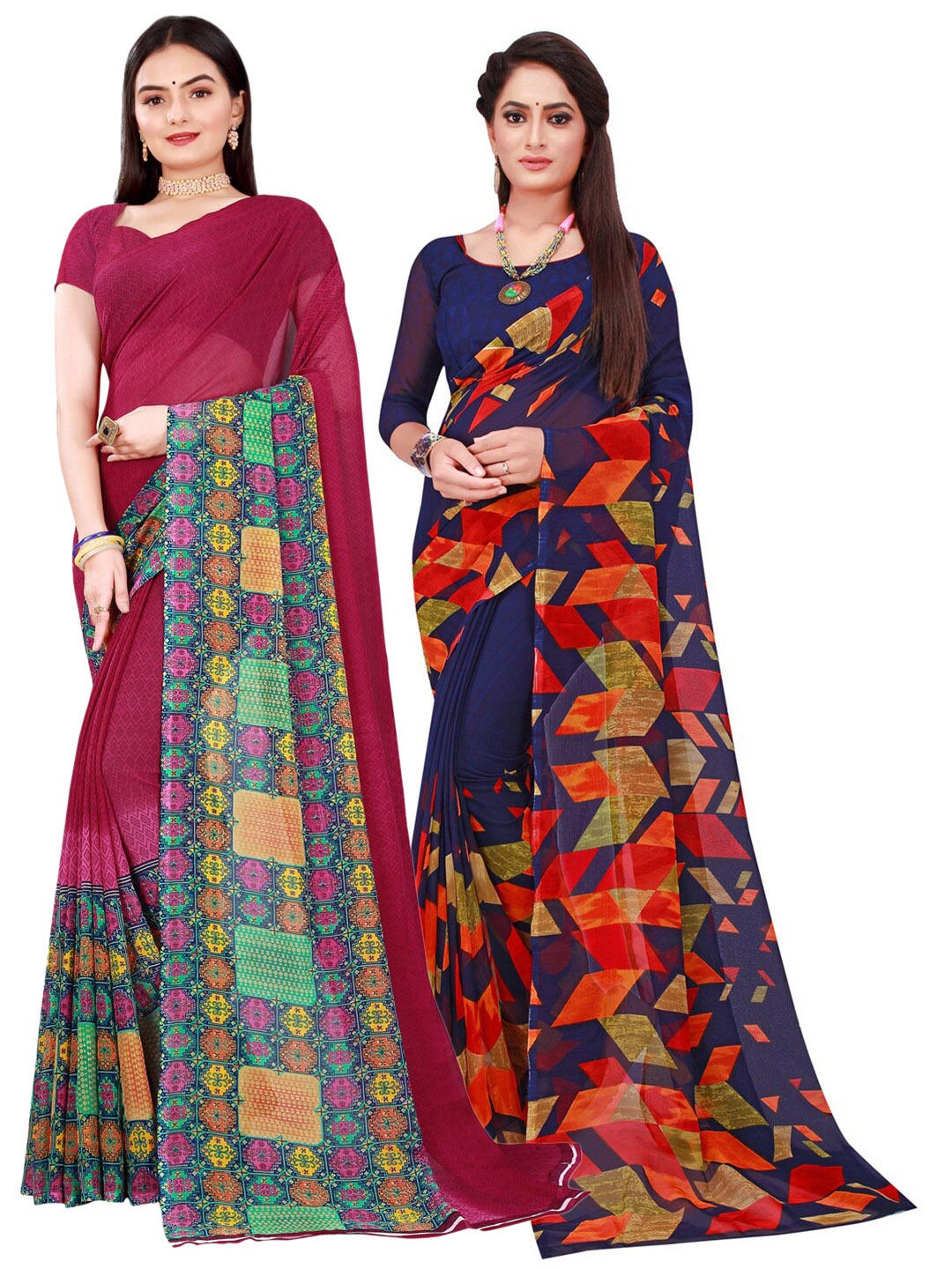 Florence Pack Of 2 Navy Blue & Green Pure Georgette Saree