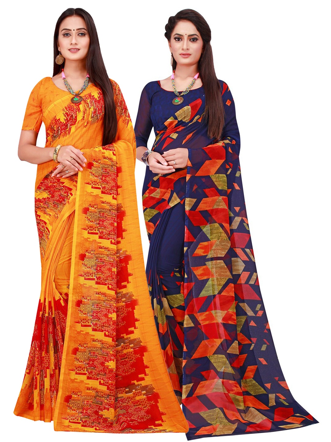 Florence Navy Blue & Orange Set Of 2 Pure Georgette Saree