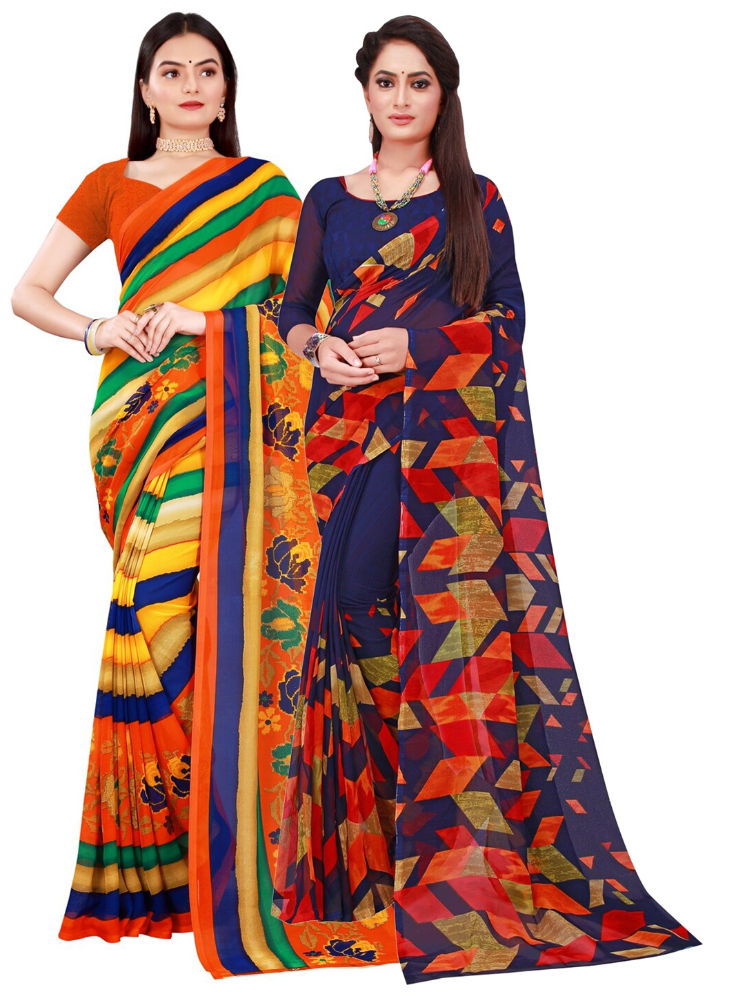 

Florence Navy Blue & Yellow Pack of 2 Floral Pure Georgette Saree