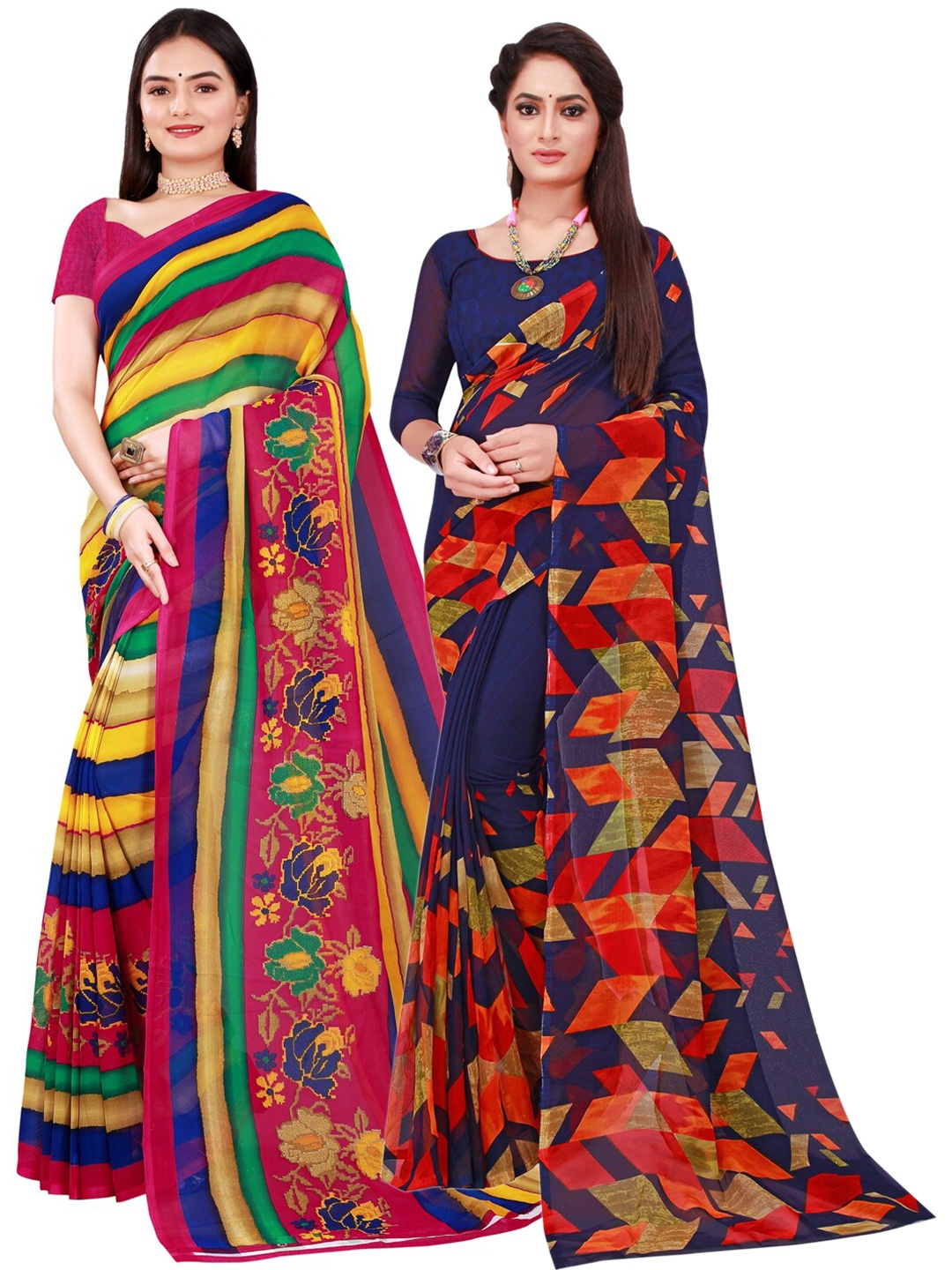

Florence Navy Blue & Red Set Of 2 Pure Georgette Saree