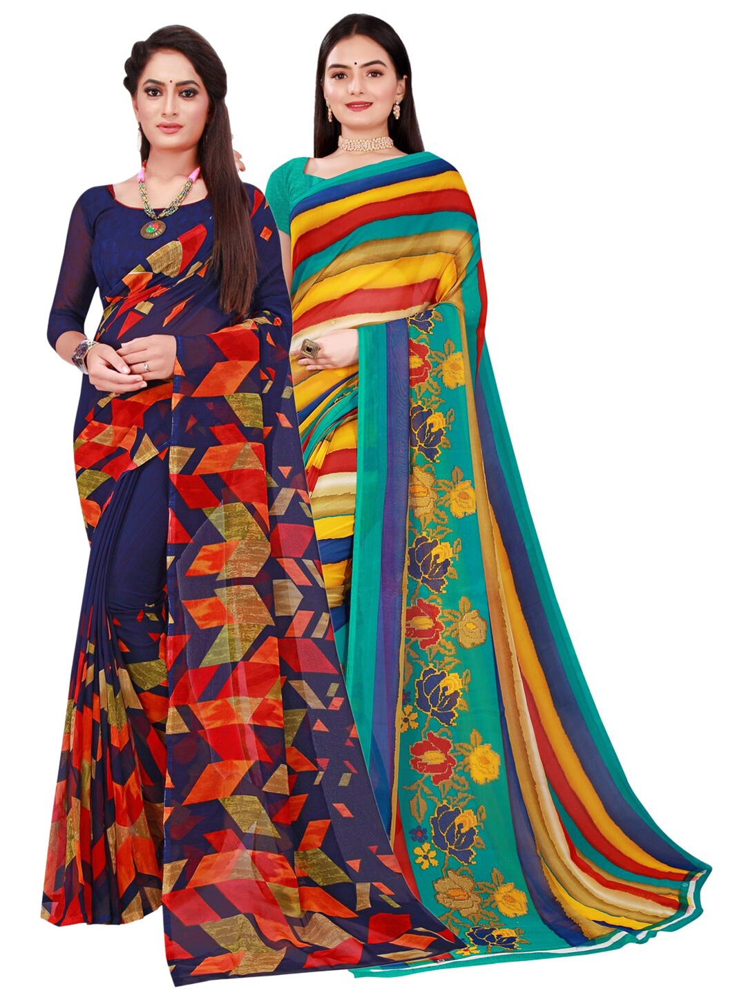Florence Navy Blue & Green Set Of 2 Pure Georgette Saree