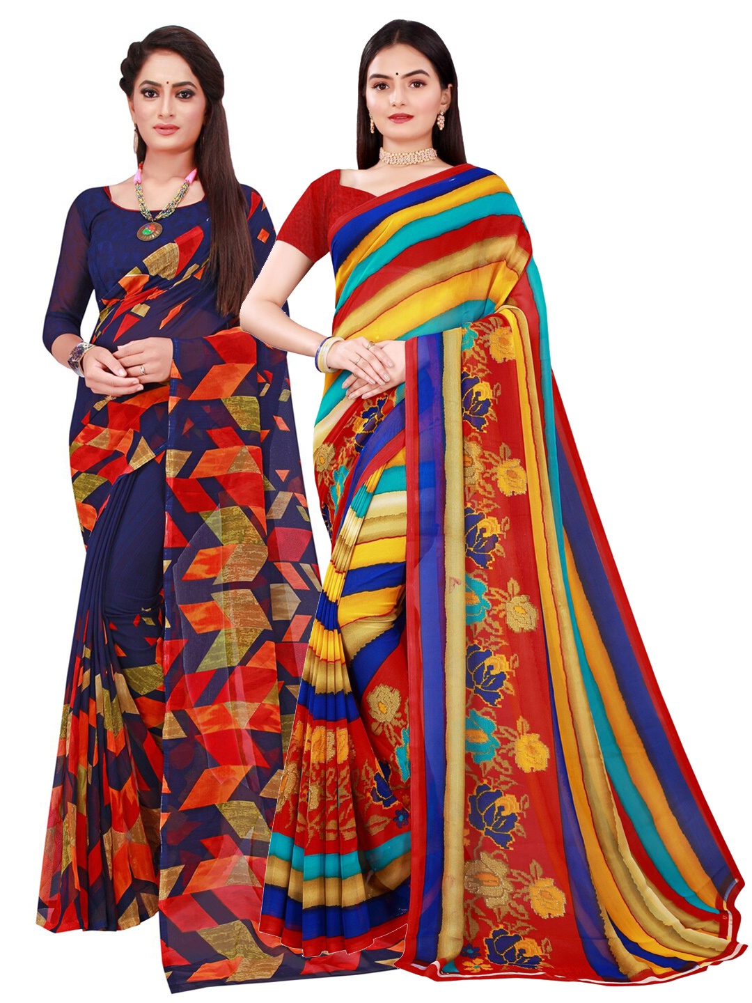 

Florence Navy Blue & Red Pack of 2 Floral Pure Georgette Saree