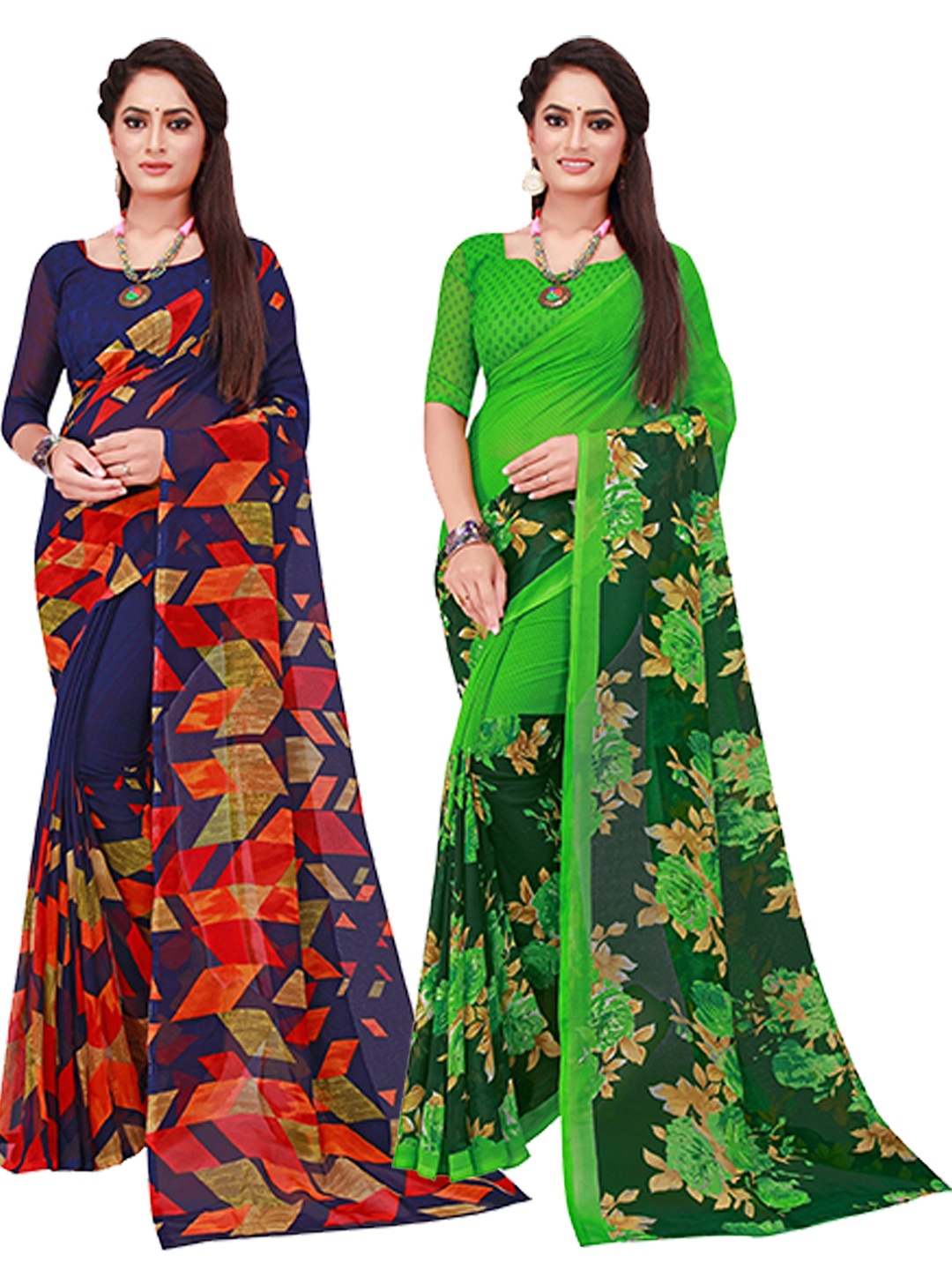 

Florence Navy Blue & Green Set Of 2 Pure Georgette Saree