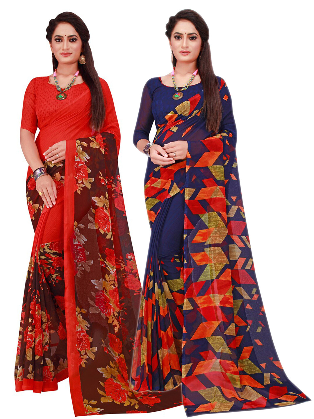 

Florence Navy Blue & Orange Floral Pack of 2 Pure Georgette Saree