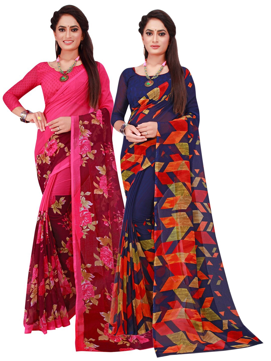 

Florence Navy Blue & Pink Set Of 2 Floral Pure Georgette Saree