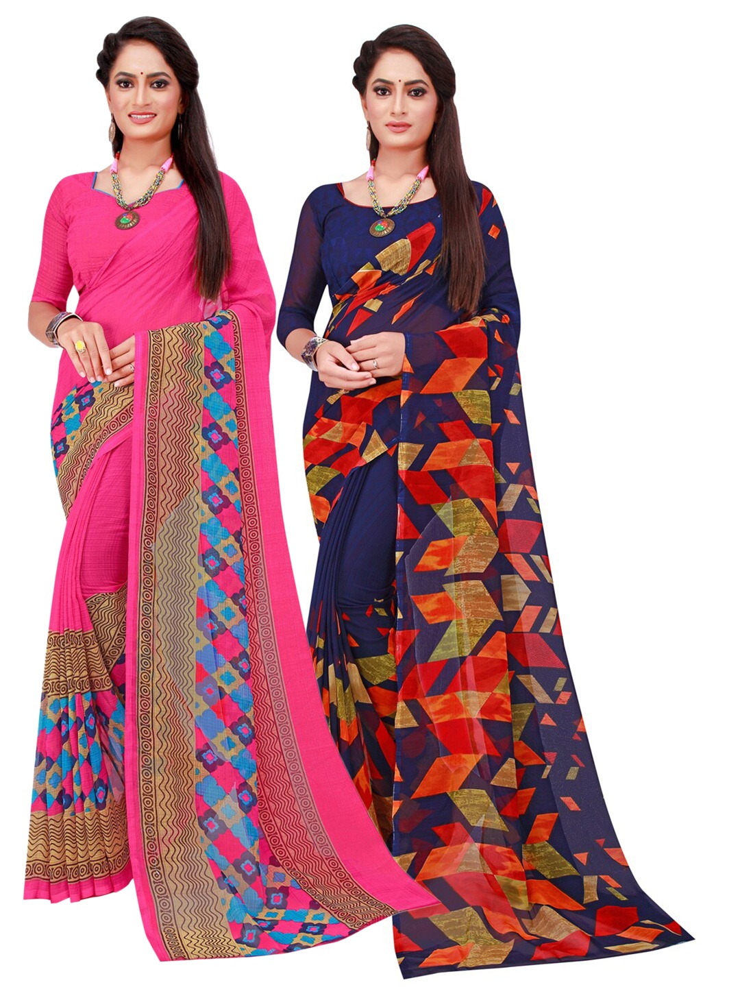 Florence Navy Blue & Pink Set Of 2 Pure Georgette Saree