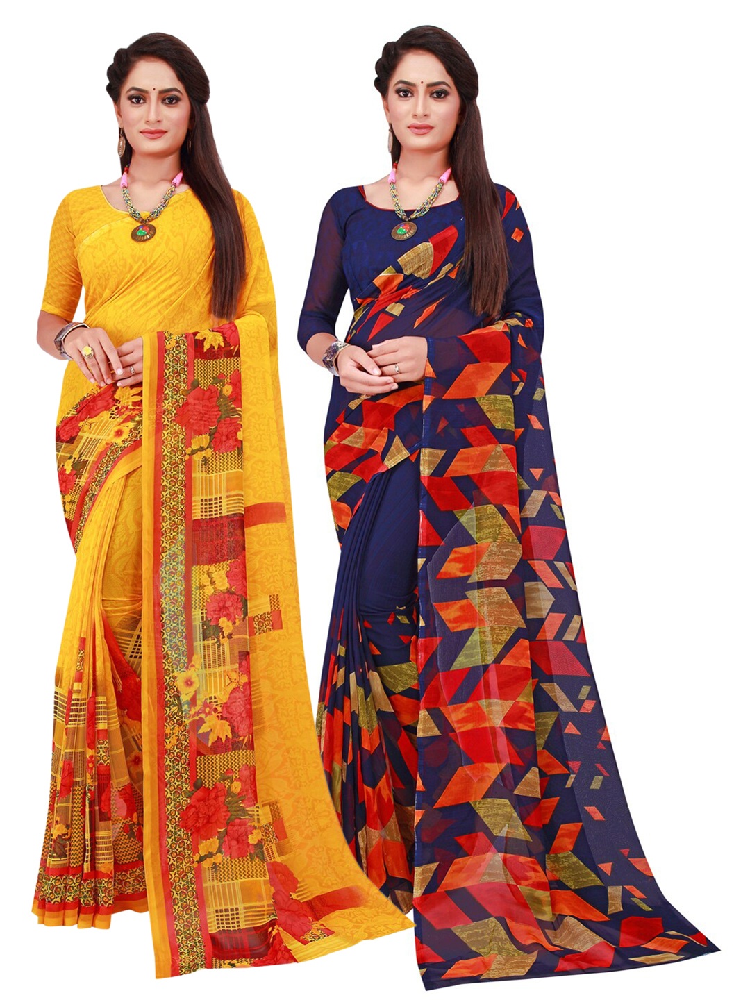 

Florence Navy Blue & Yellow Pack of 2 Floral Pure Georgette Saree