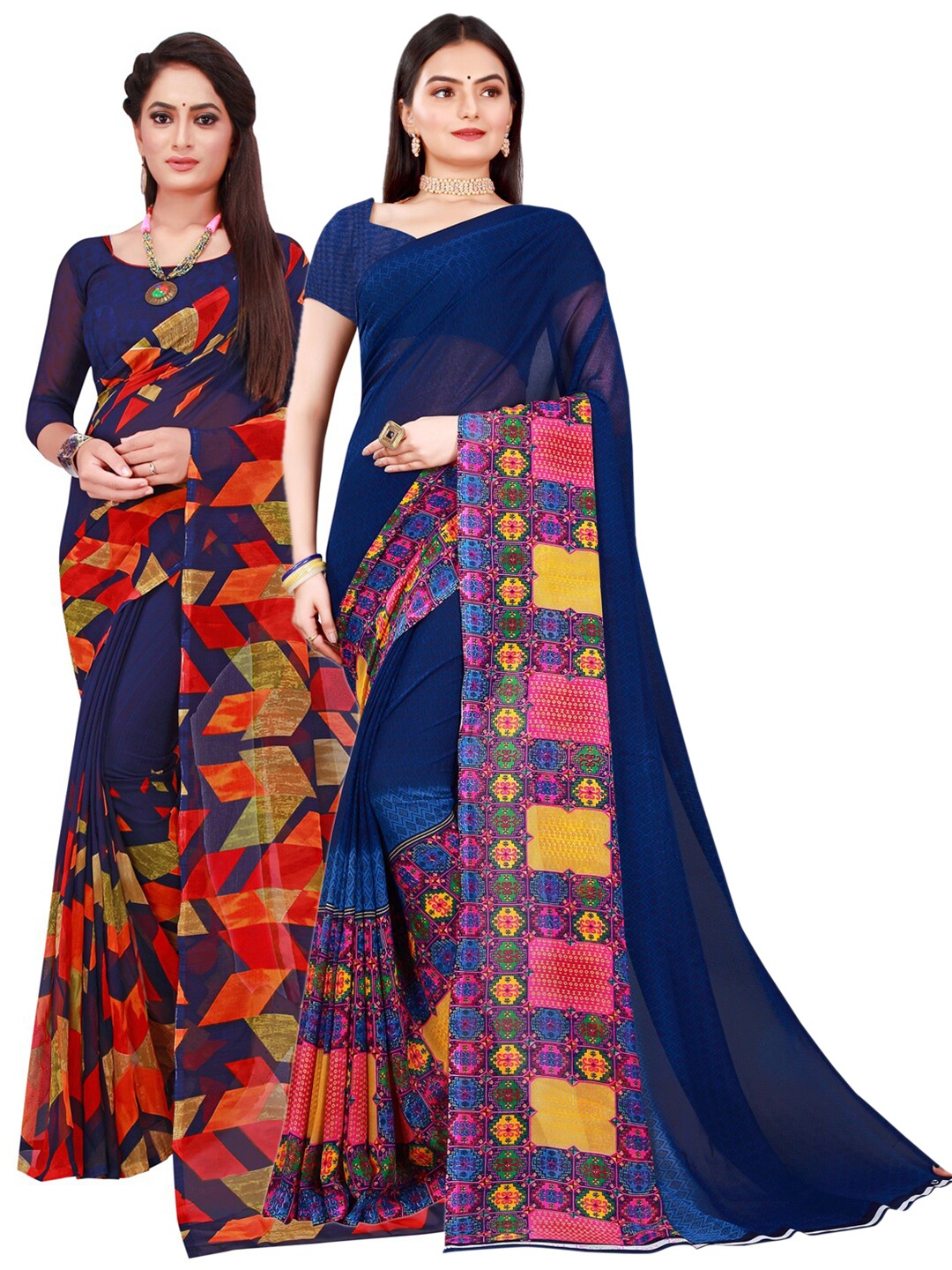 Florence Pack Of 2 Pure Georgette Sarees, Navy blue