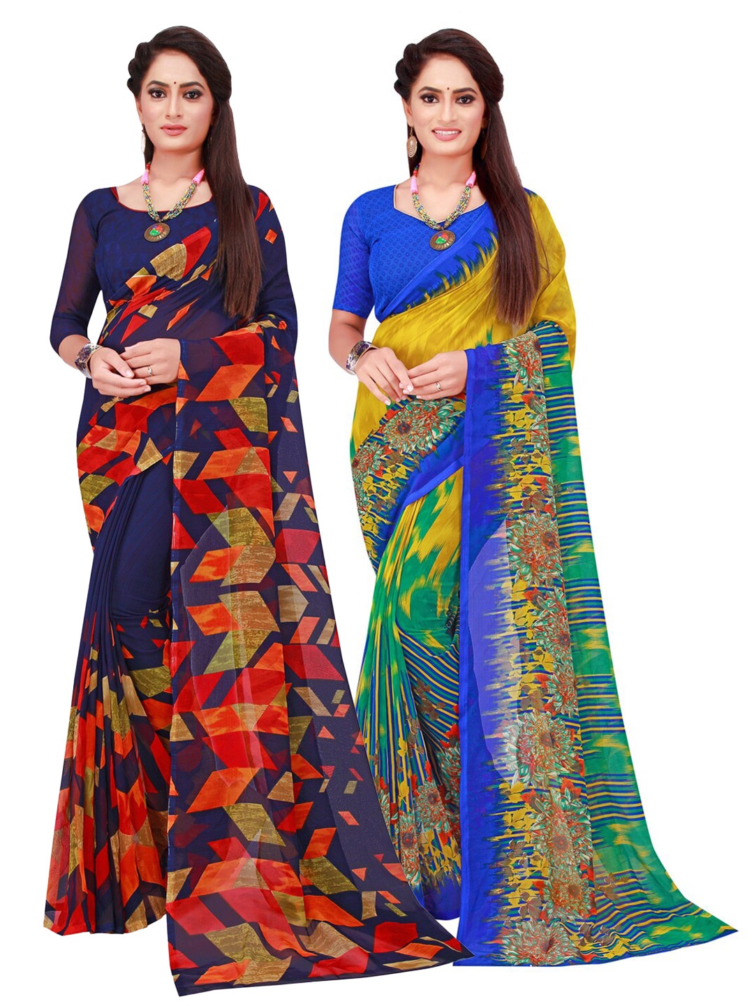 

Florence Set Of 2 Navy Blue & Green Floral Pure Georgette Saree