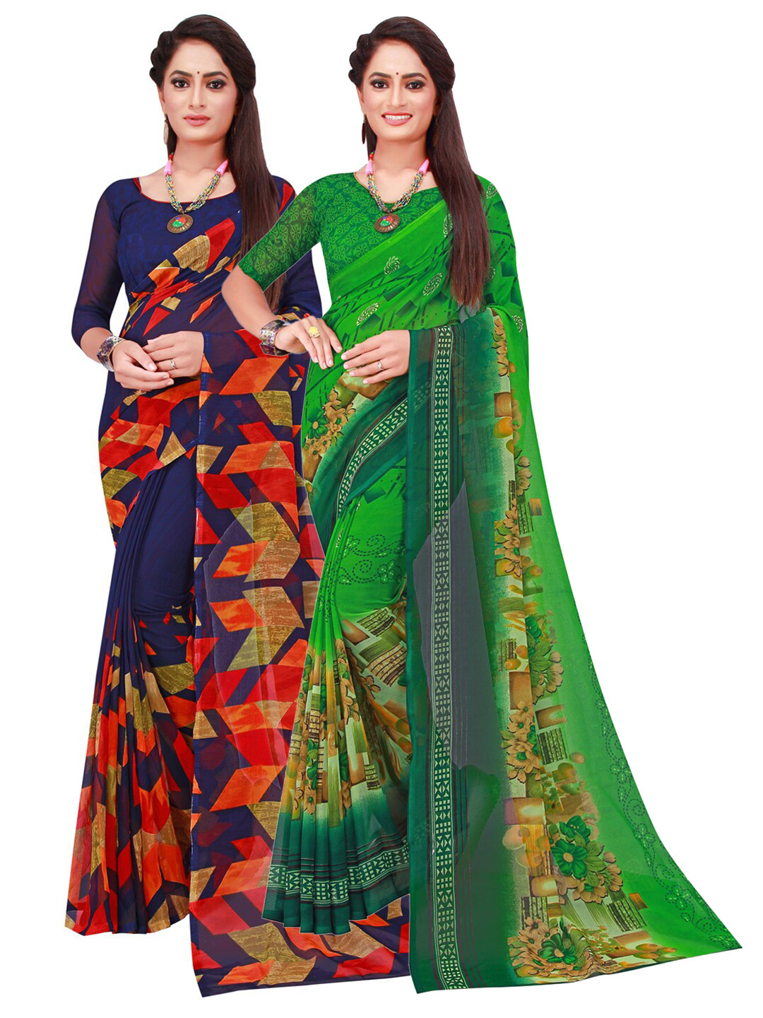 

Florence Navy Blue & Green Set Of 2 Pure Georgette Saree