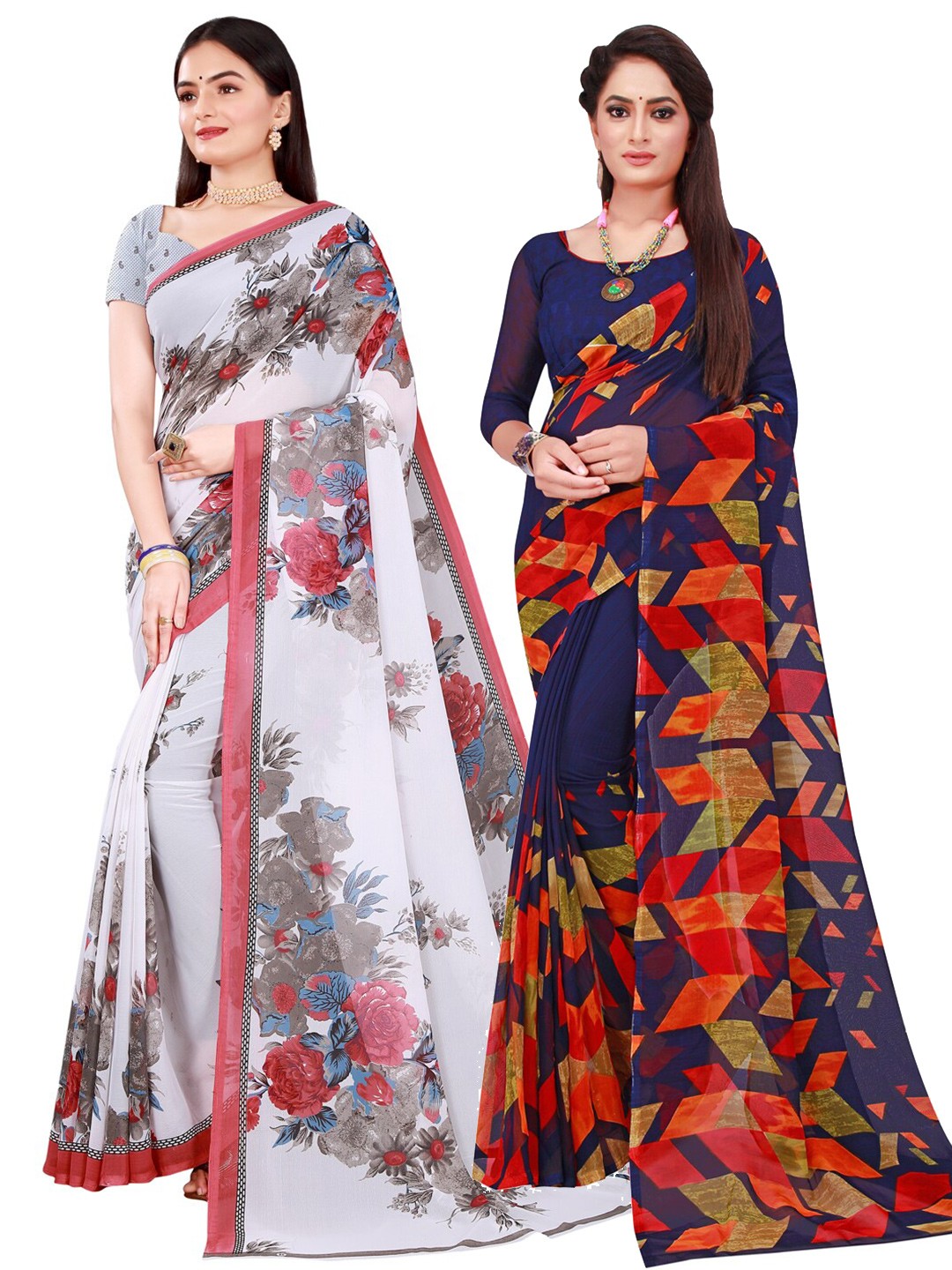 

Florence Navy Blue & White Set Of 2 Pure Georgette Saree