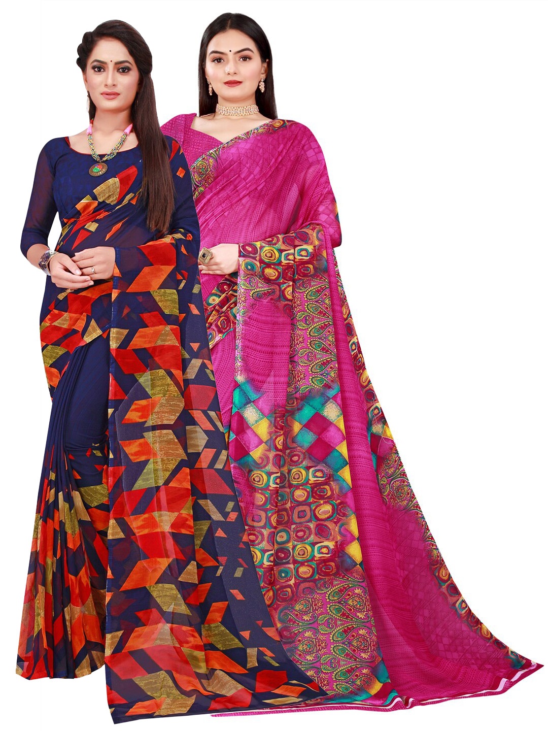Florence Navy Blue & Pink Pack of 2 Floral Pure Georgette Saree