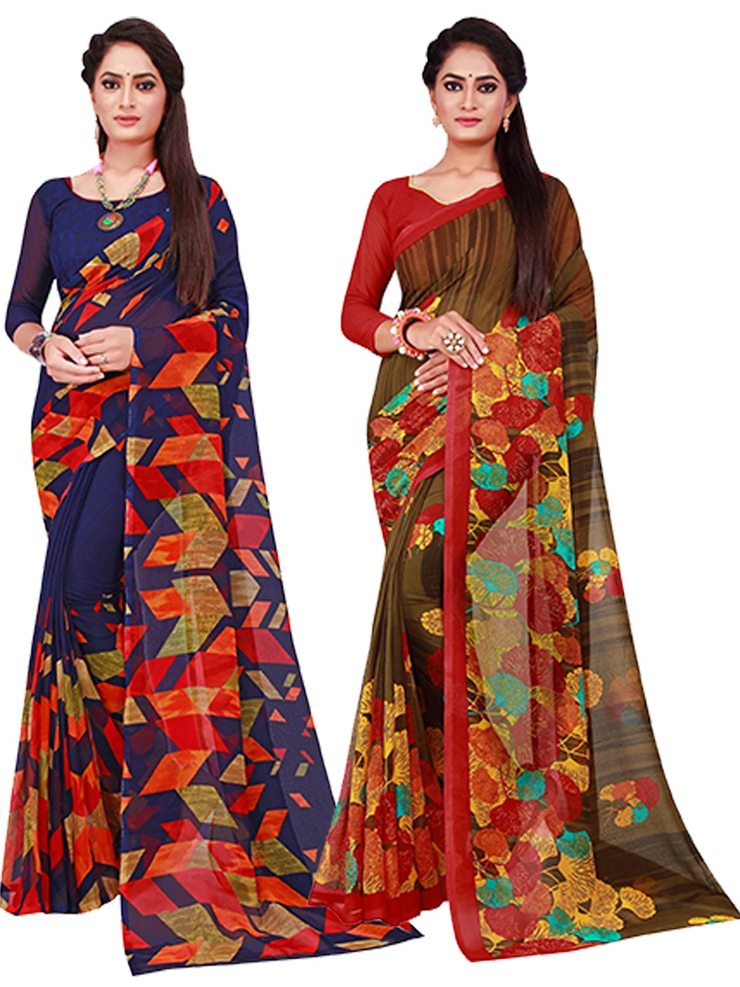 

Florence Navy Blue & Red Pack of 2 Floral Pure Georgette Saree