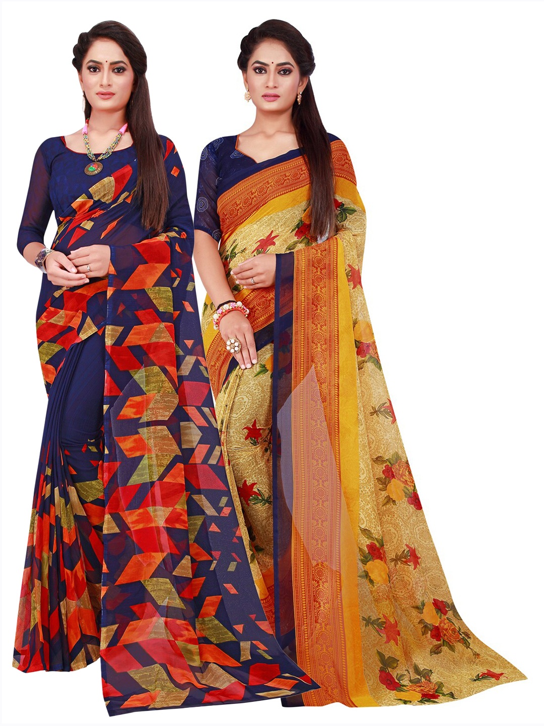 

Florence Navy Blue & Beige Printed Pure Georgette Saree Pack Of 2