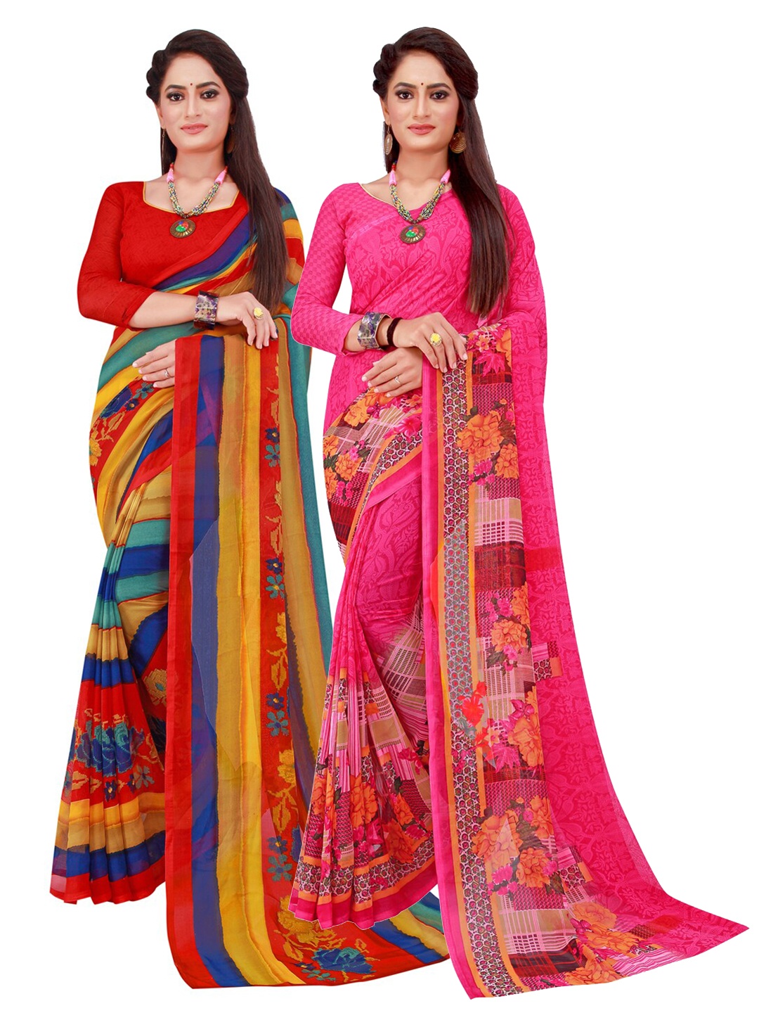 

Florence Red & Pink Floral Pack of 2 Pure Georgette Saree