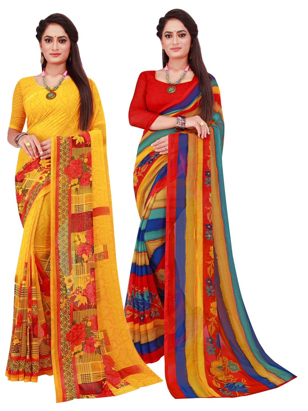 Florence Red & Yellow Set Of 2 Pure Georgette Saree