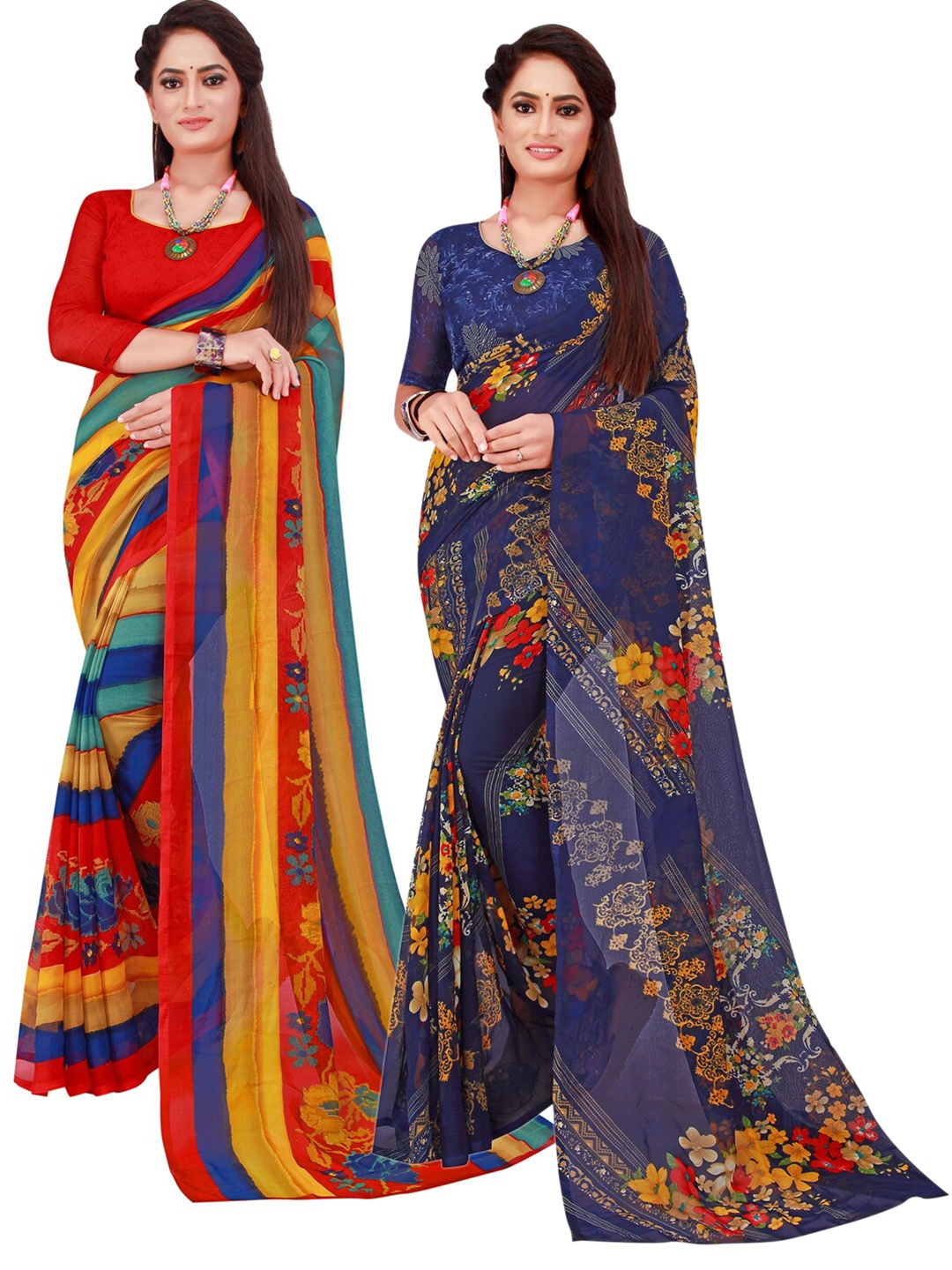 

Florence Red & Navy Blue Pack of 2 Floral Pure Georgette Saree
