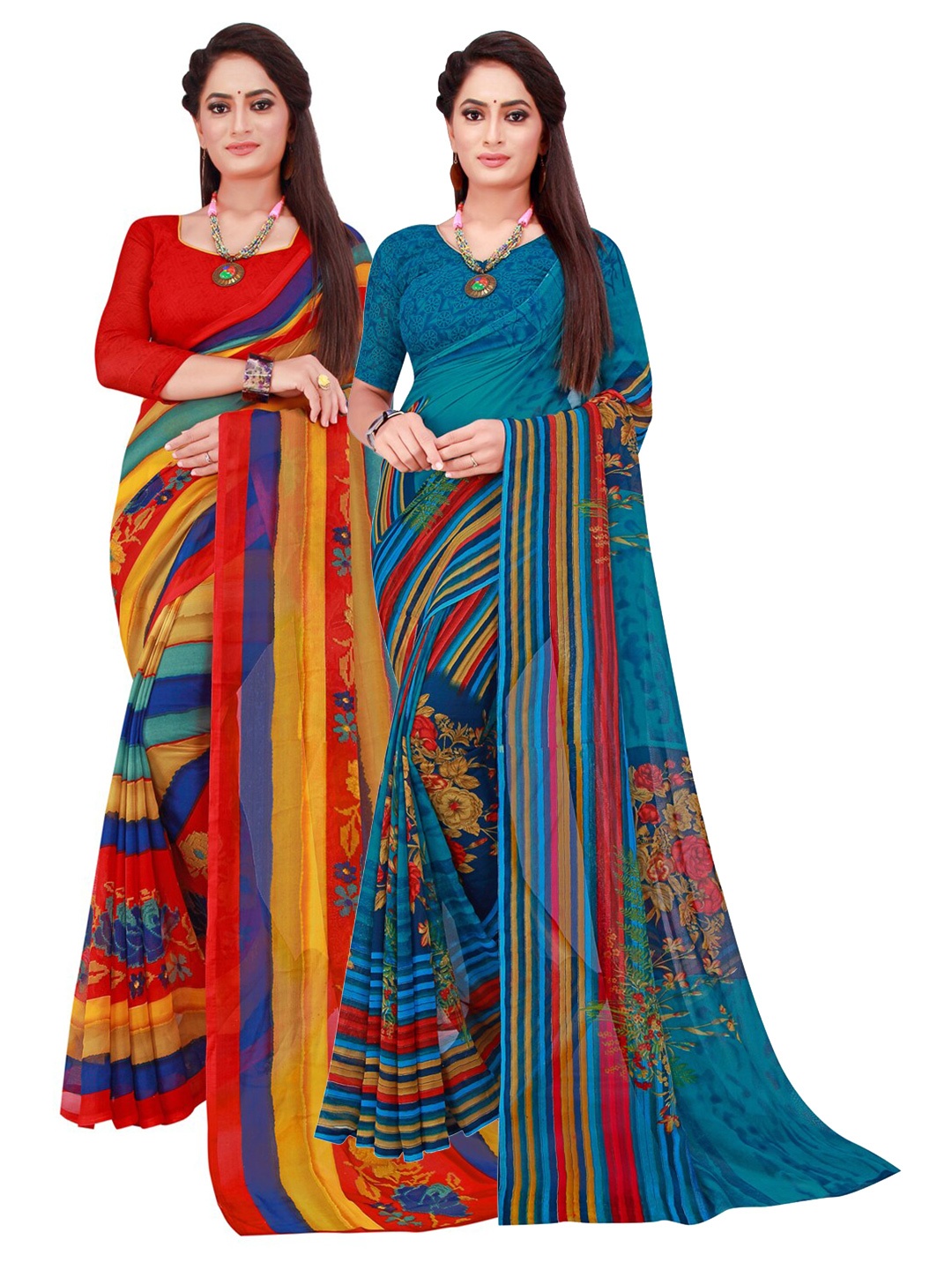

Florence Red & Blue Set Of 2 Floral Pure Georgette Saree