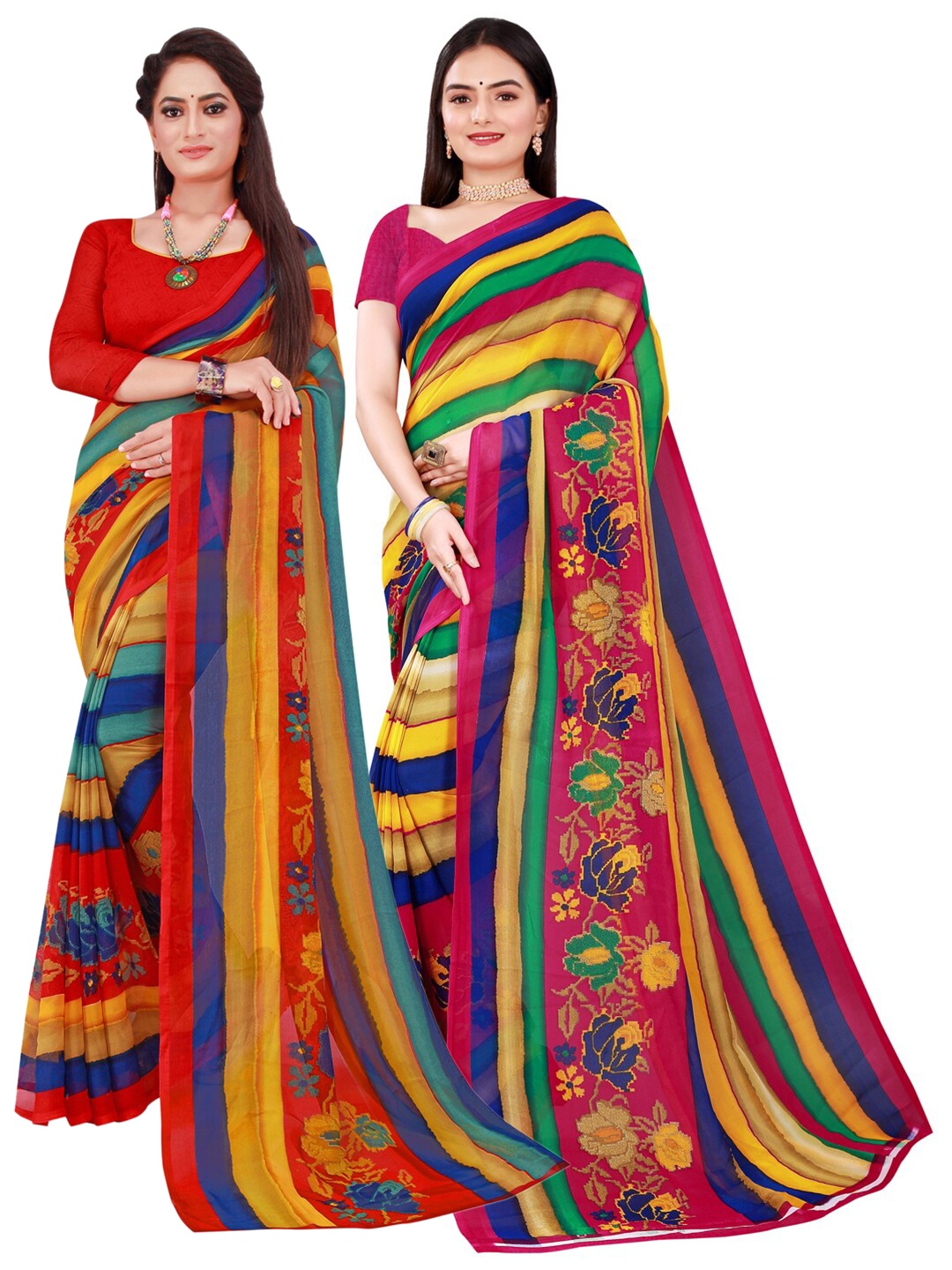 Florence Red & Mustard Set Of 2 Pure Georgette Saree