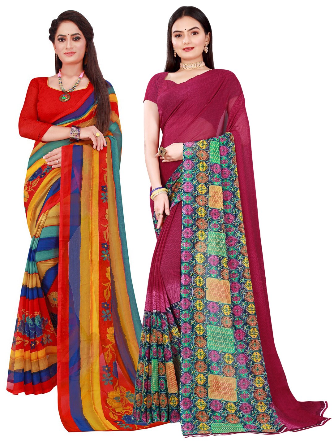

Florence Pack Of 2 Red & Green Pure Georgette Saree