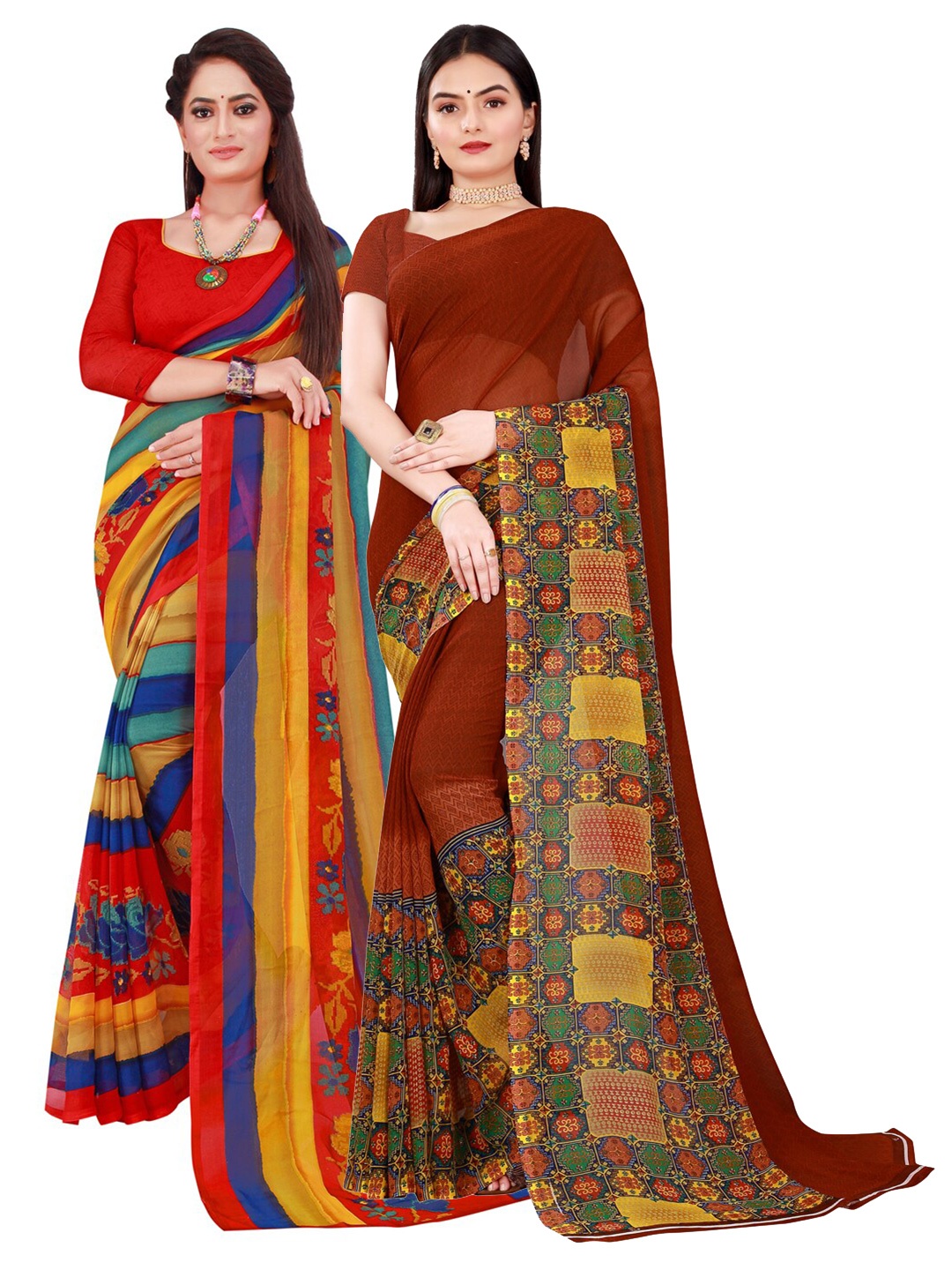 

Florence Red & Brown Pack of 2 Floral Printed Pure Georgette Saree