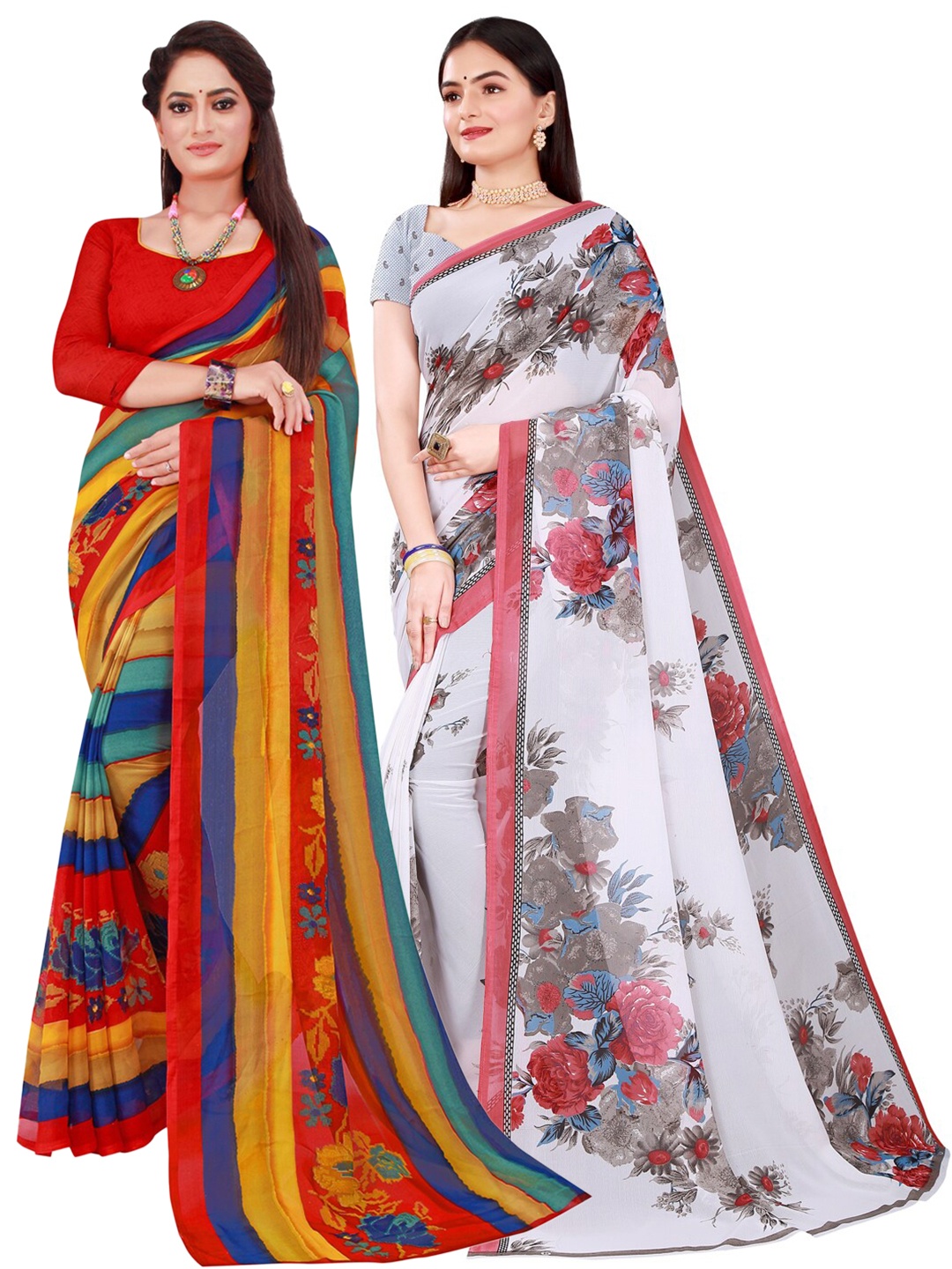 

Florence Red & White Set Of 2 Pure Georgette Saree